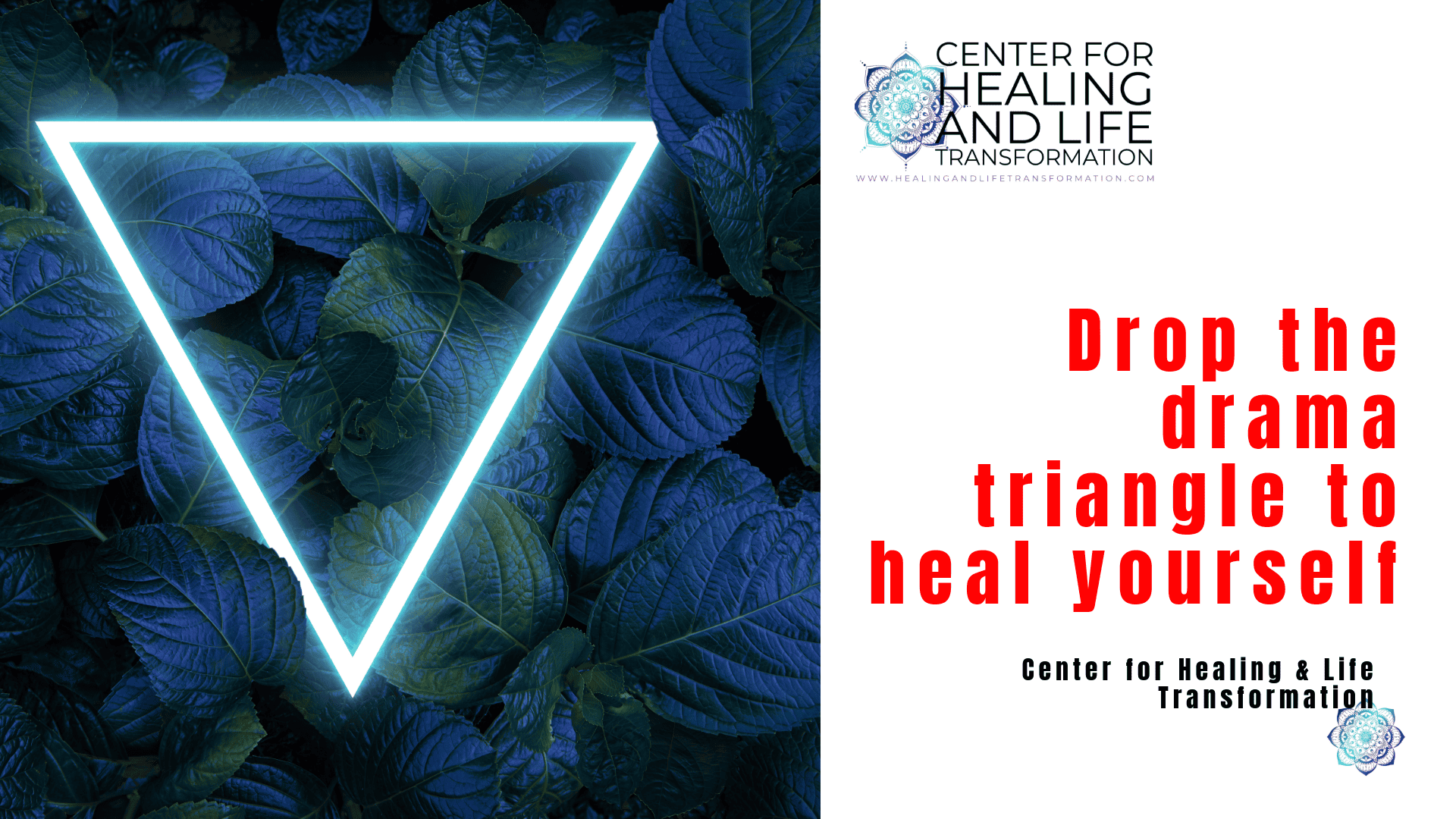 Neon triangle symbol over leafy background for healing and self-growth.