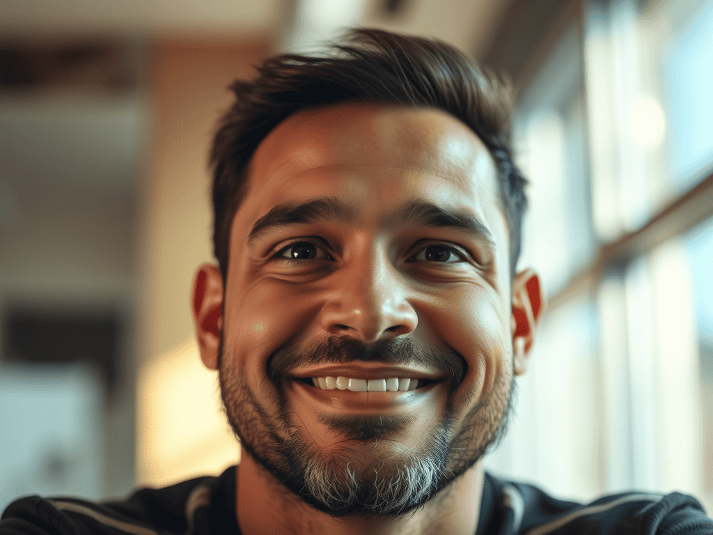 Male smiling face, confident and happy, in a bright indoor setting.