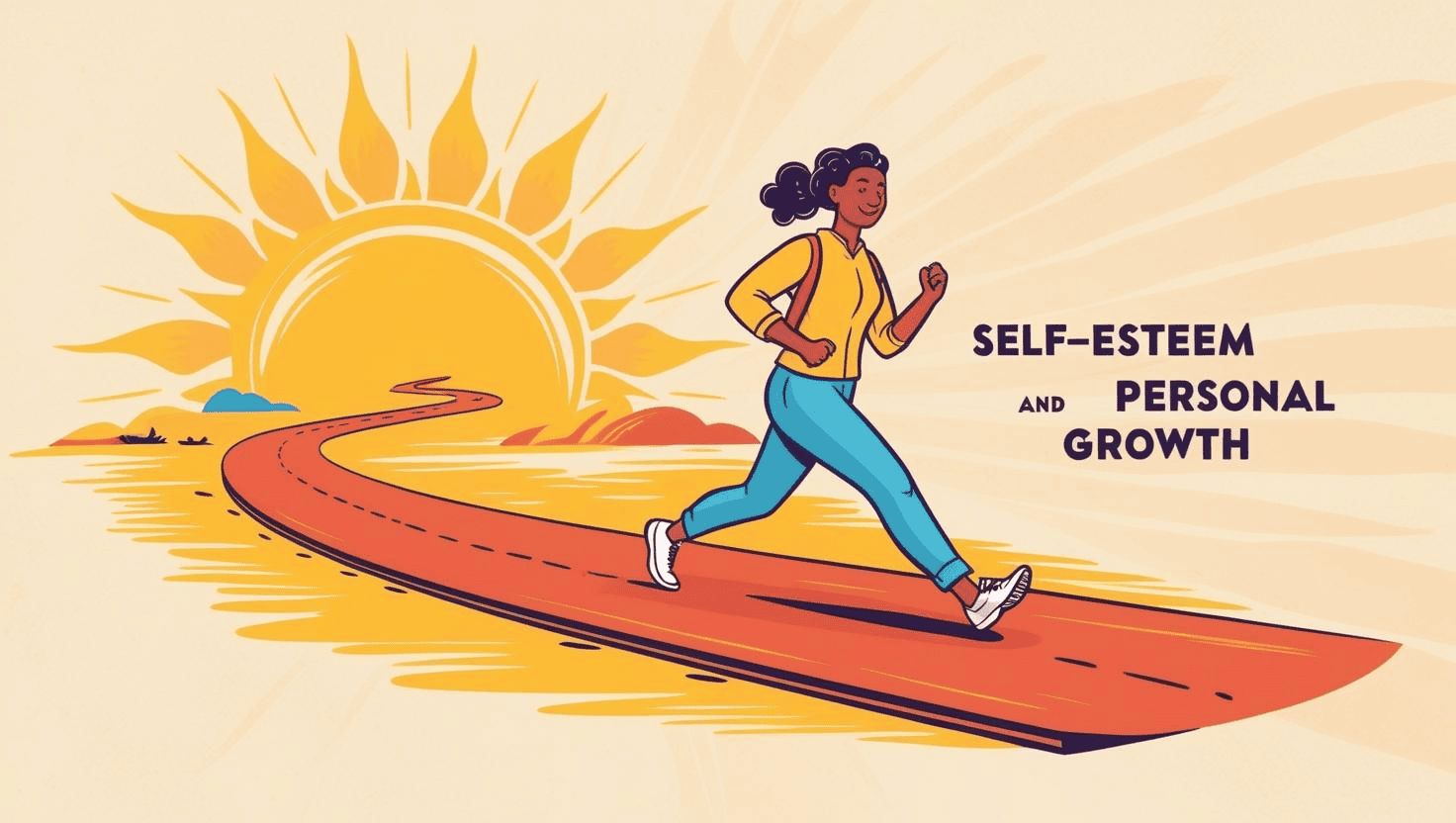 Woman jogging on a path with sunrise, symbolizing self-esteem and personal growth.