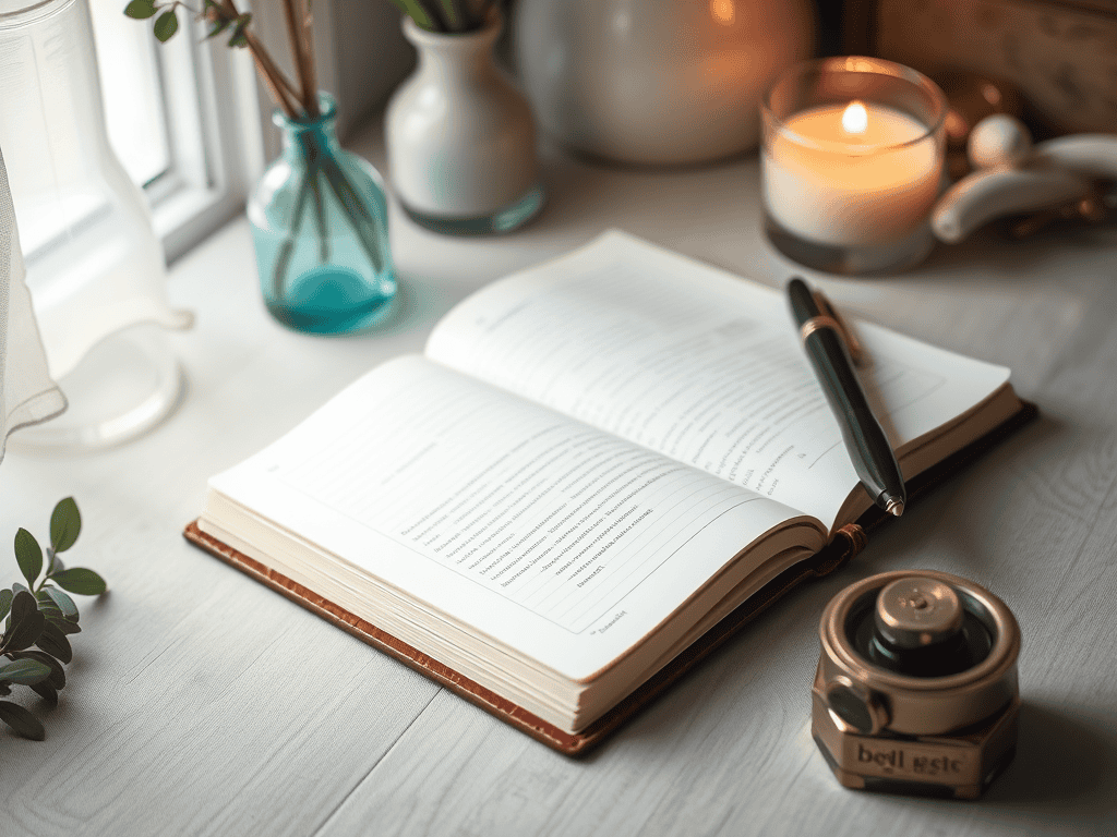 Open journal with a pen on a peaceful bedside table for emotional healing.
