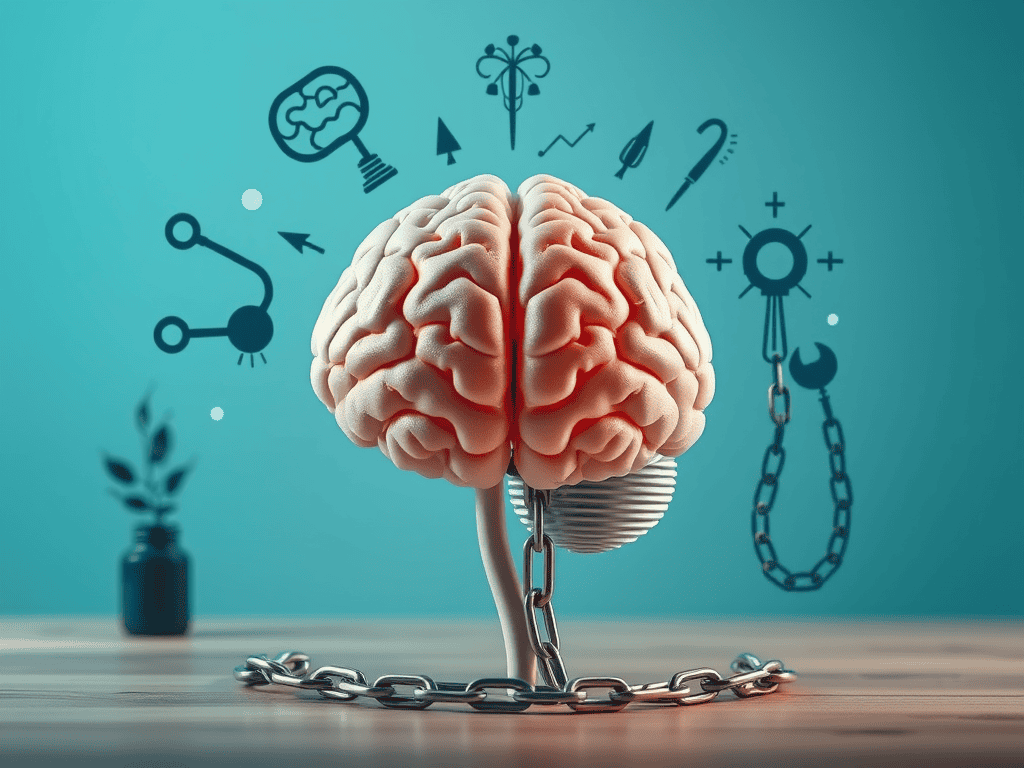 Brain with chains and manipulation icons, symbolizing control and recovery.