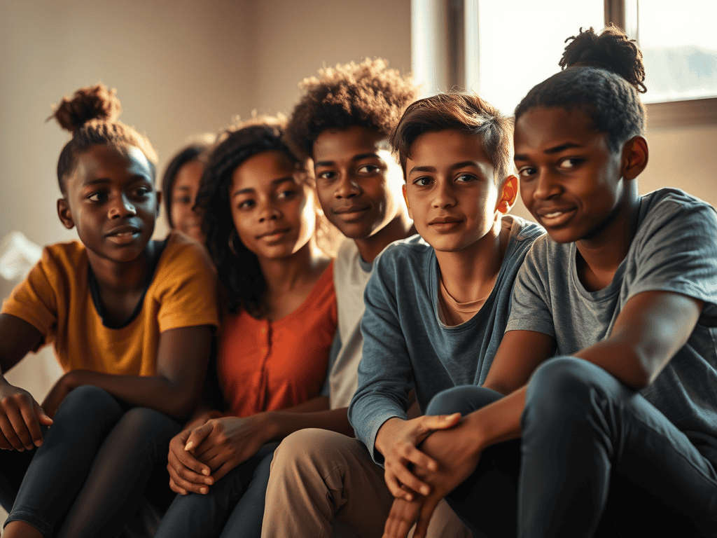 Young adolescents sitting together in a supportive group setting.