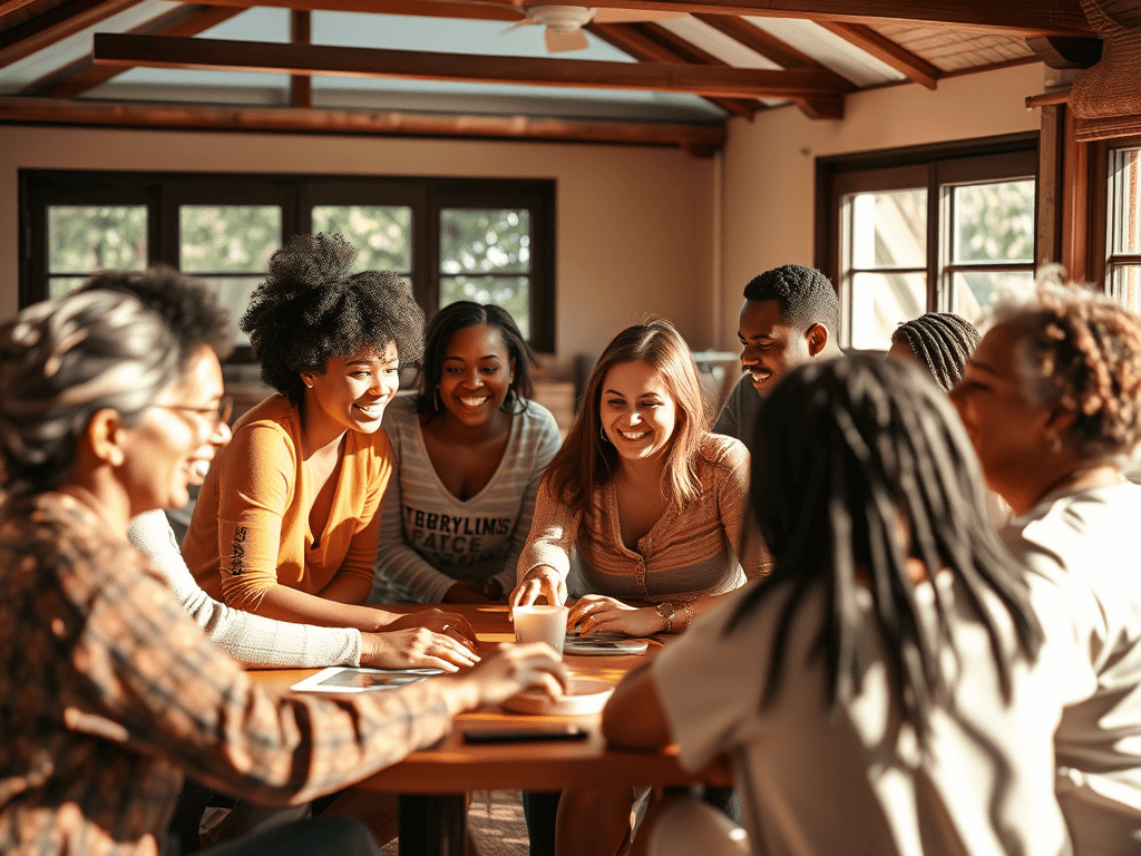 Group of diverse young adults smiling and engaging in a supportive discussion indoors.