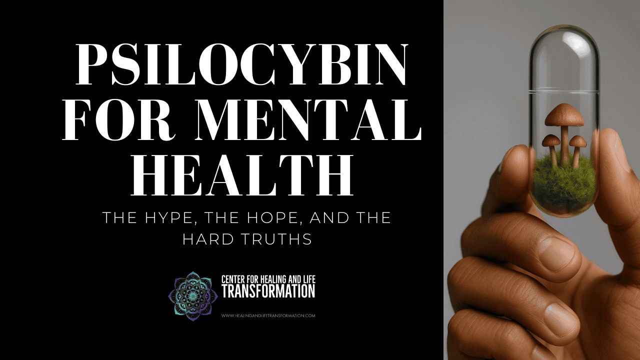 Hand holding a capsule with mushrooms inside, promoting mental health treatment.