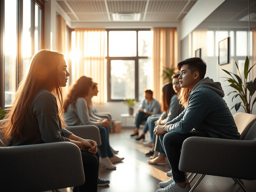 Group therapy session for adolescents at a mental health center in South Africa.