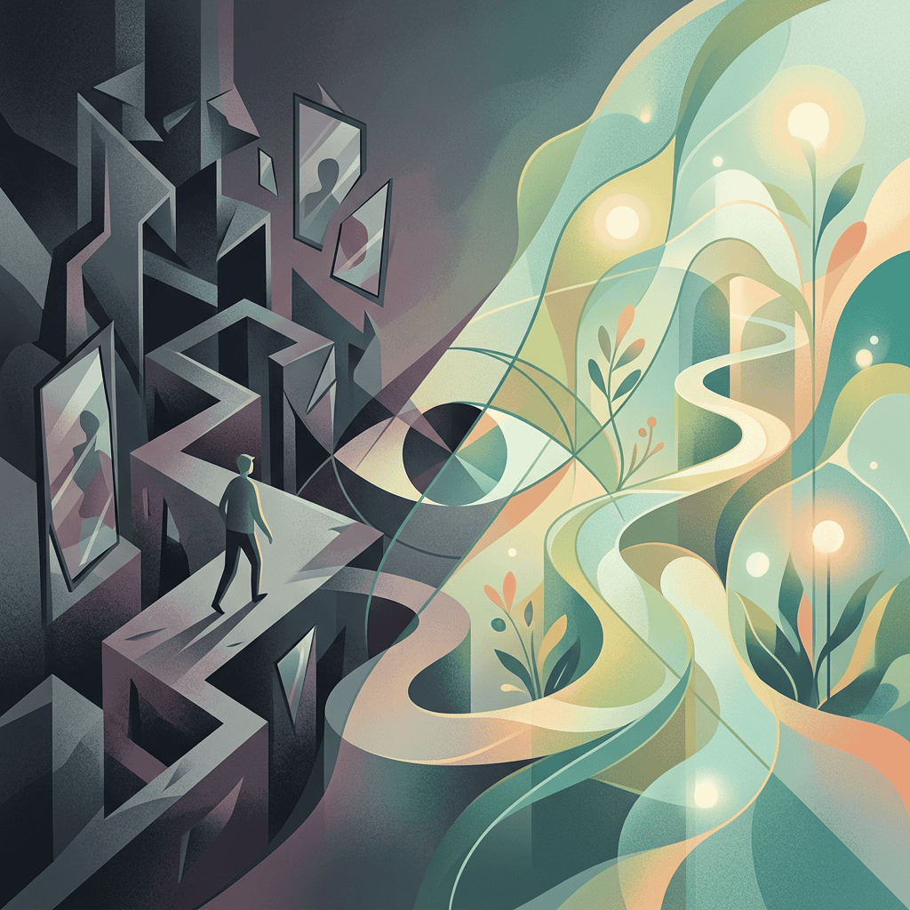 Person walking from dark maze with mirrors toward bright path with plants and light